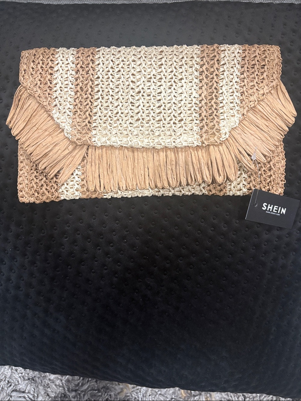 SHEIN Beige & Cream Fringe Woven Clutch